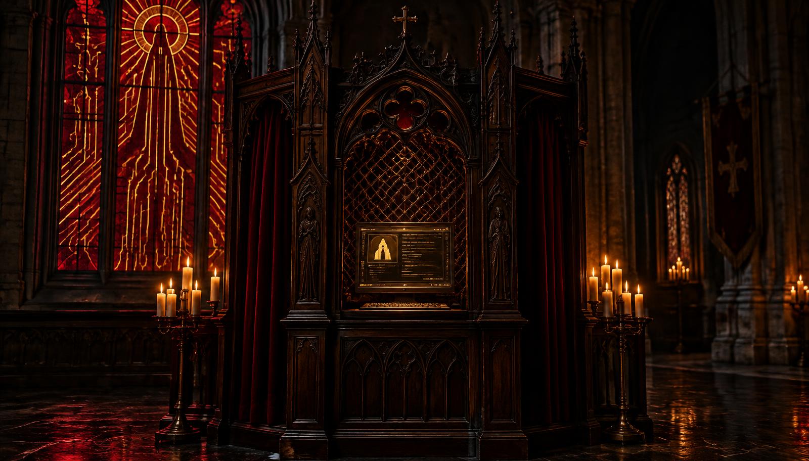 A gothic confessional with a glowing terminal inside